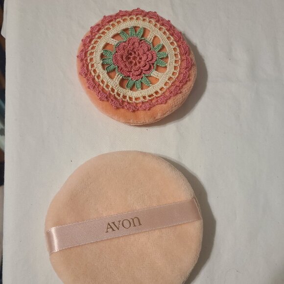 Antique Powder Puff Crocheted 1920s Pink Floral Plus Larger Avon Powder Puff - Picture 2 of 6